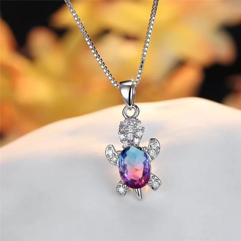 Sterling Silver Rainbow Zircon Stone Blue Purple Turtle Pendant Necklace